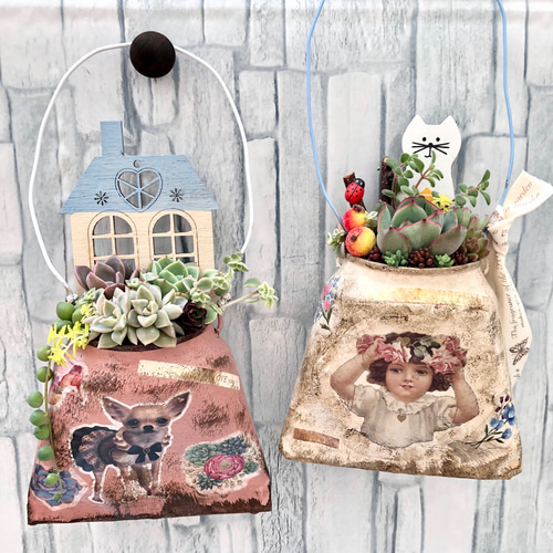 リメイク缶390☆アンティーク☆。.:＊・゜多肉植物☆寄せ植え さび風黒皮鉄のリメ缶、ガーデン缶、ブリキ、多肉植物