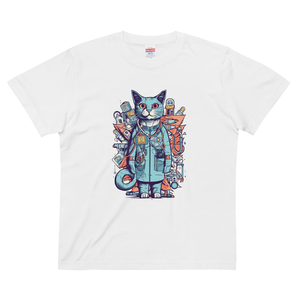 猫ドクター「お薬出しておきますね」 オリジナルキャラクター コットンTシャツ：送料無料 2枚目の画像