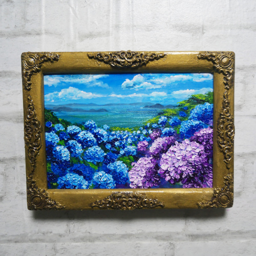 贅沢品 油絵 油彩 油彩画 絵画 絵【紫雲出山の紫陽花】 絵画 HR 通販 絵画