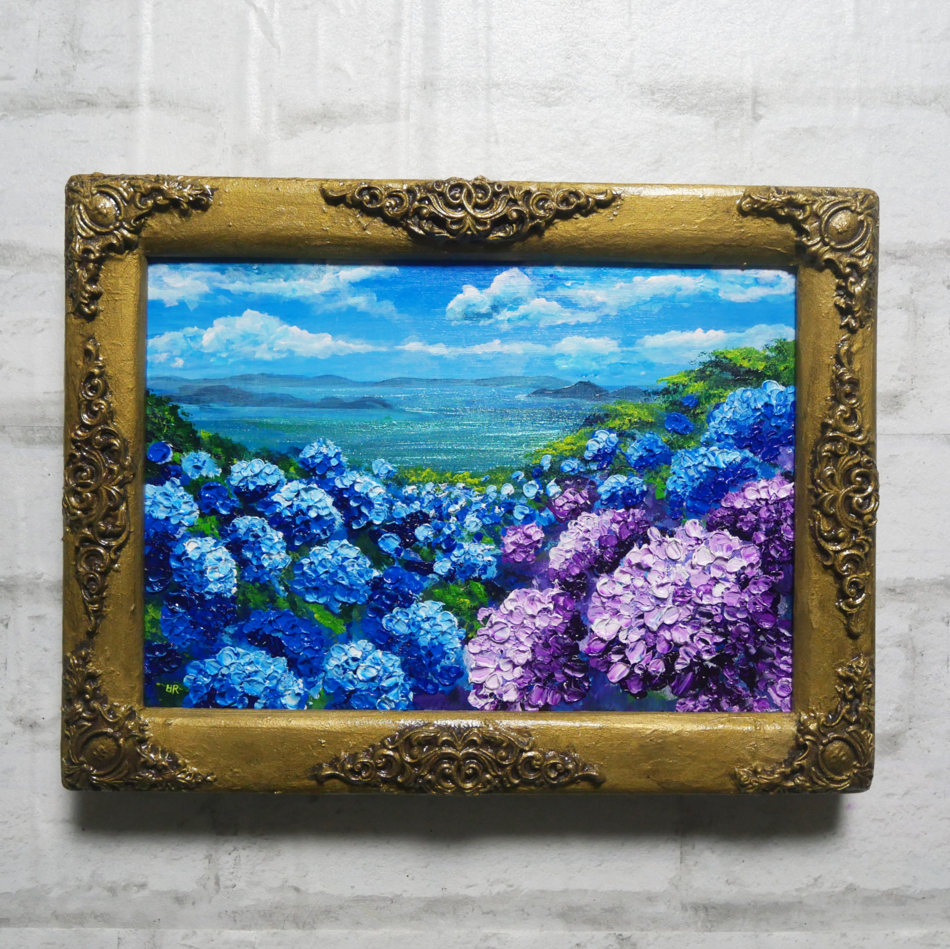 新作グッ 油絵 油彩 通販 HR 絵画 絵【紫雲出山の紫陽花】 絵画 油彩画 額縁