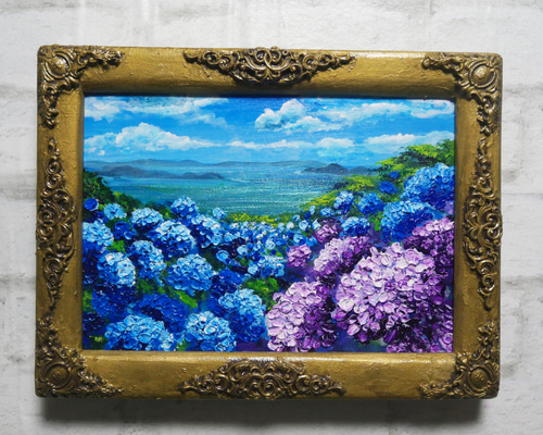 油絵 油彩 油彩画 絵画 絵【紫雲出山の紫陽花】 絵画 HR 通販