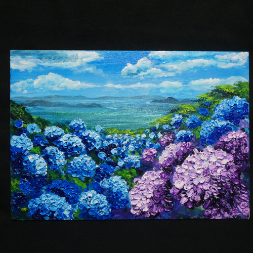 人気ショップ 油絵 油彩 油彩画 絵画 絵【紫雲出山の紫陽花】 絵画 HR 通販 絵画
