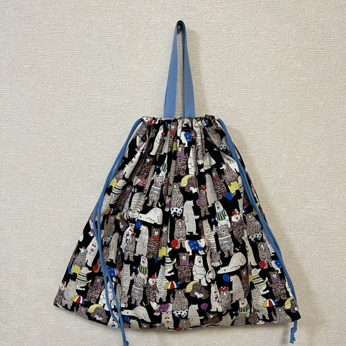 45×50 大きな巾着袋！くま柄。持ち手つき！体操着、ジャージ、シーツ