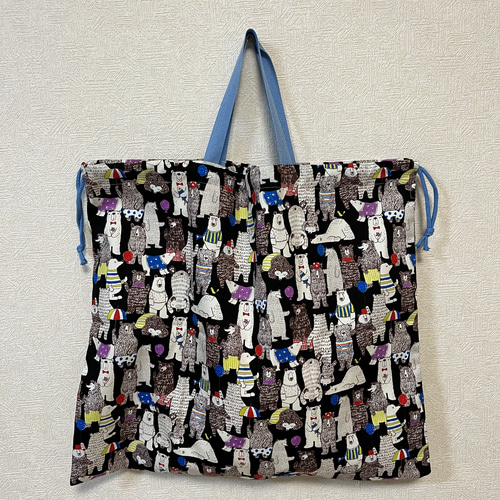 45×50 大きな巾着袋！くま柄。持ち手つき！体操着、ジャージ、シーツ