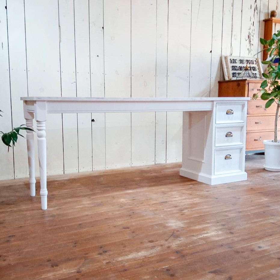 かわいい おしゃれ ネイルテーブル ネイルデスク W1800ホワイト 大理石天板 引き出し付き ネイルサロン 自宅サロン