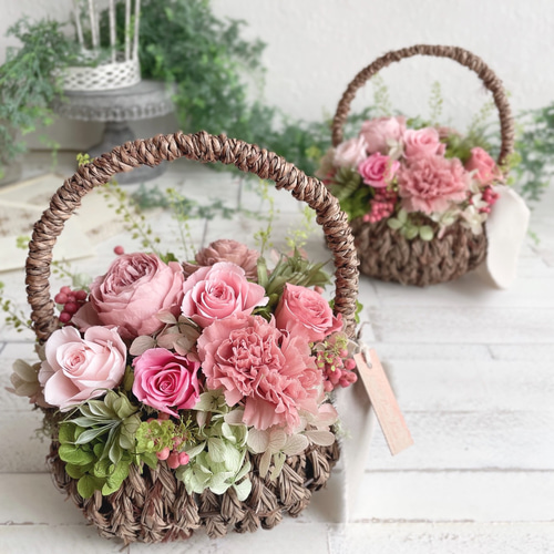 HANDMADE プリザーブドフラワー アレンジメント 花籠 薔薇 薔薇いっぱいの花籠＊お花畑の花摘みバスケットアレンジメント