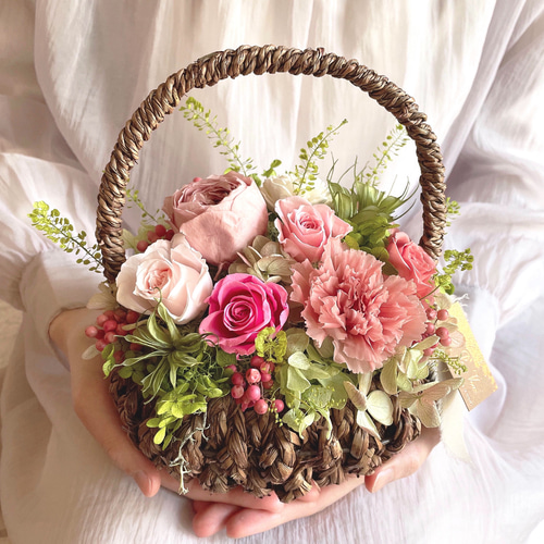 華モーヴバスケット＊あふれる花籠アレンジメント プリザーブド