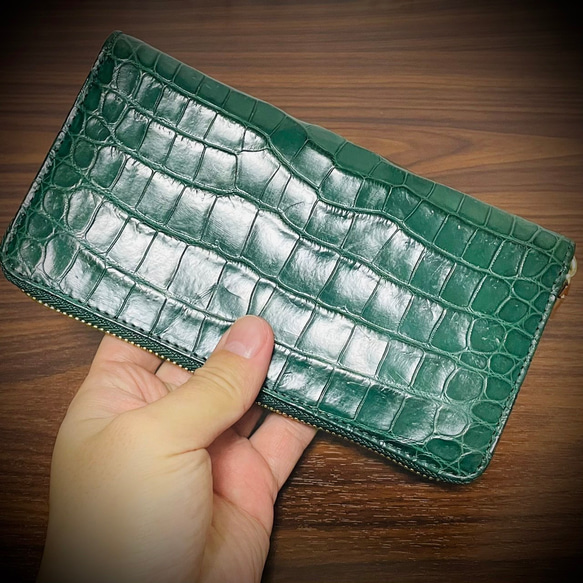 クロコダイル 長財布 メンズ レディス 大容量 カード１５枚収納 長財布 ワニ革 腹部 一枚革 グリーン 緑 3枚目の画像