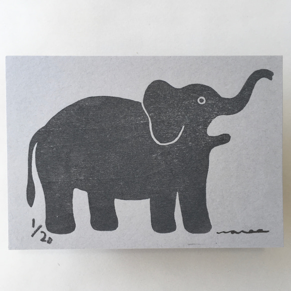 ゾウ　象　エレファント　木版画  ポストカードサイズ 1枚目の画像