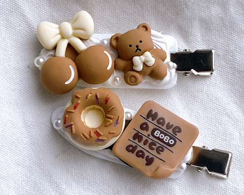 2本セット ホイップデコ ハンドメイド ヘアピン ヘアクリップ くま 白