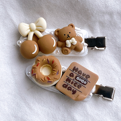 2本セット ホイップデコ ハンドメイド ヘアピン ヘアクリップ くま 白  