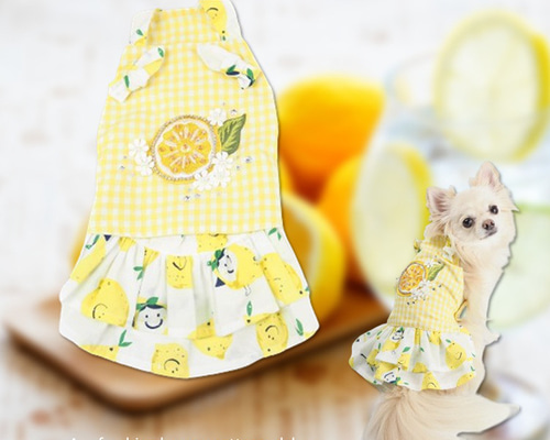 レモン犬服ハンドメイドワンピース ワンピース リボン ドッグウェア イエロー 夏 春 トップス