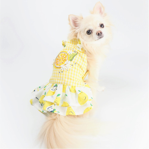 レモン犬服ハンドメイドワンピース ワンピース リボン ドッグウェア イエロー 夏 春 トップス