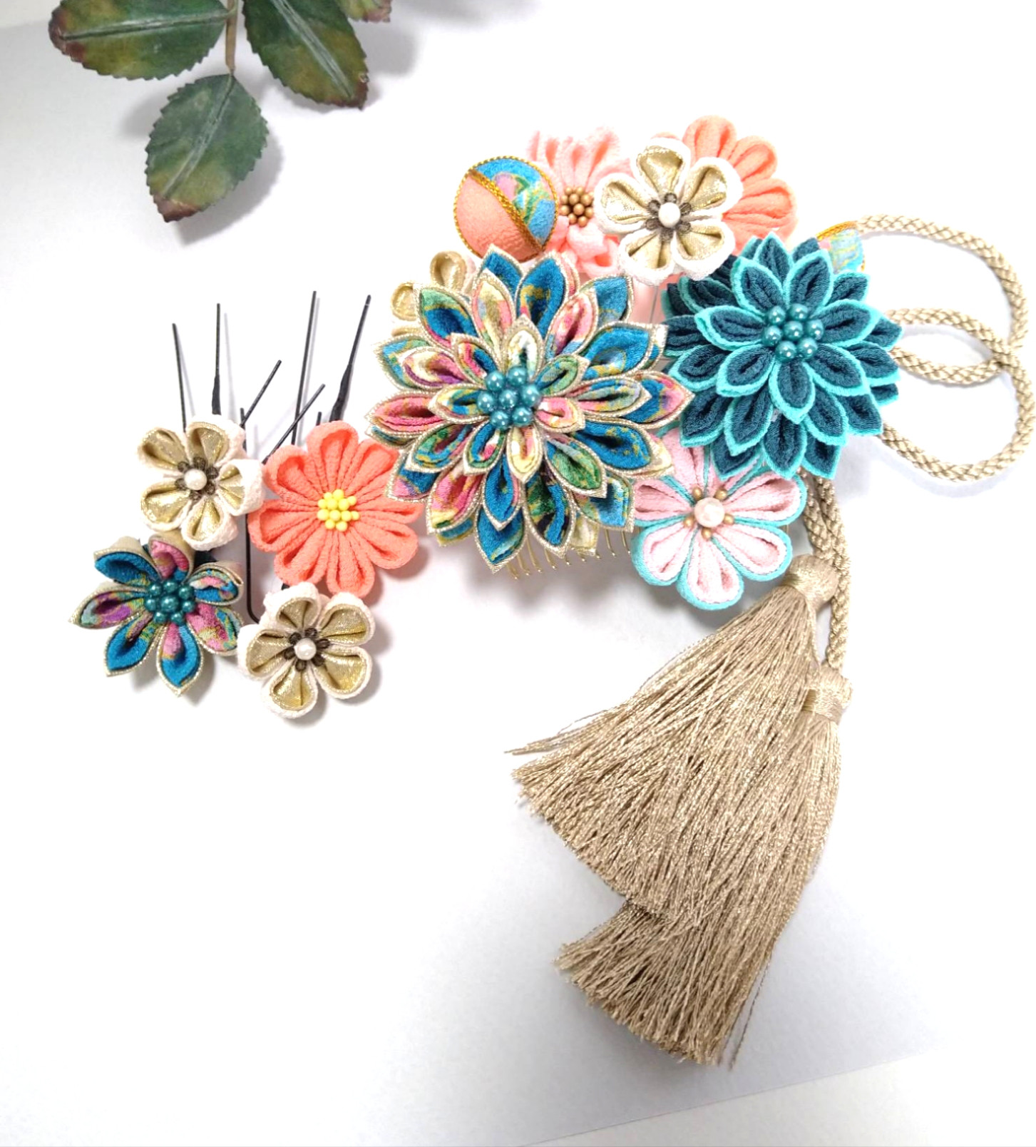 つまみ細工髪飾り #19-2 碧みどり