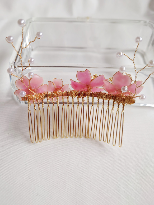 (一点物)桜の髪飾りヘアコームコットンパール/ディップアートフラワー春ヘアアクセサリー春満開成人式/お祝い/和装/ 5枚目の画像