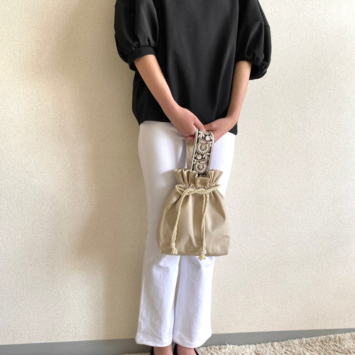 YONE インド刺繍ワンハンドル ベージュ 刺繍 巾着バッグ インド刺繍