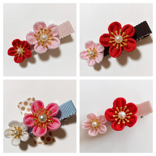 髪飾り ちりめん つまみ細工 パッチン留め 1点 小梅 紅梅 花の