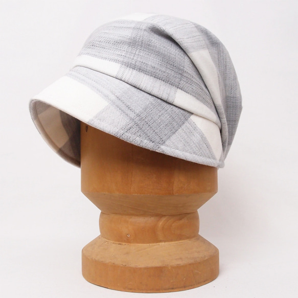 ピッコロフリー・フランネル・ブロックチェック/グレー×ホワイト フリーサイズ UV たためる帽子 風に飛ばない帽子　 2枚目の画像