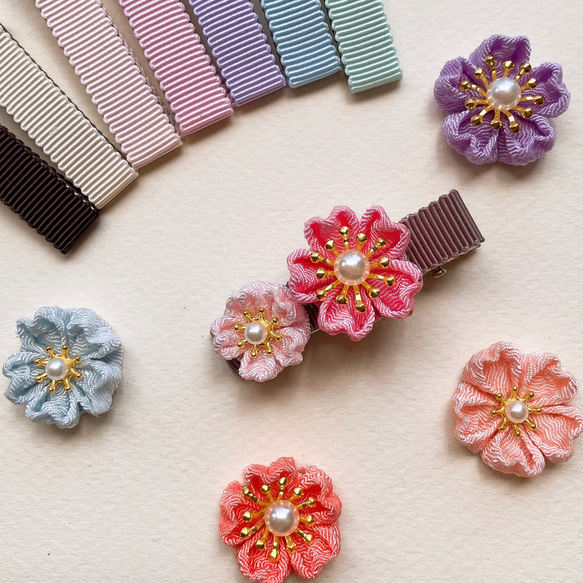 【オーダー♡つまみ細工桜】ヘアクリップ　ヘアピン　ベビー　キッズ　さくら　ピンク 桜の髪飾り〜お花2つ〜○ちりめん細工 つまみ細工○ヘアクリップ