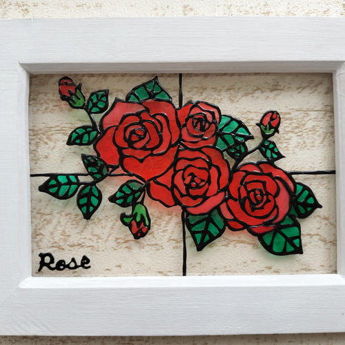 送料無料*ステンドグラス風フレーム*ふんわり薔薇・縦横飾れる