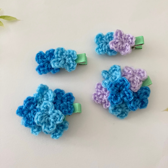 ベビーヘアクリップ　ハンドメイド　ヘアピン　ヘアゴム　紫陽花 2024.6.2 まだまだ梅雨には入ってないけど、 紫陽花をイメージした