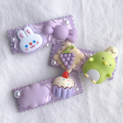 3本セット ホイップデコ ヘアピン パープル 紫 うさぎ パール ハート 