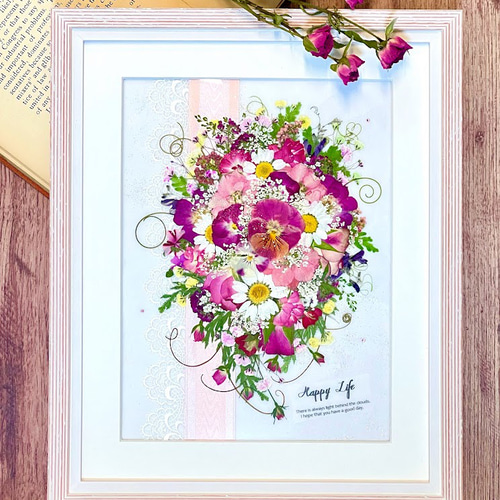 優しい淡い淡いピンクのビオラブーケ押し花アート額 ギフト 母の日