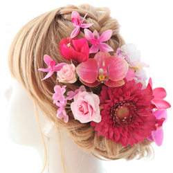 髪飾り　ピンク　パピヨン　蝶々　ラン　ガーベラ　ヘッドドレス　結婚式　ブライダル　成人式　フラワーパーツ　ヘアパーツ 3枚目の画像