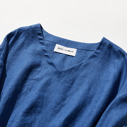 美麗輪廓設計套頭衫 100% 亞麻 9/4 袖亮藍色 230403-1 第3張的照片