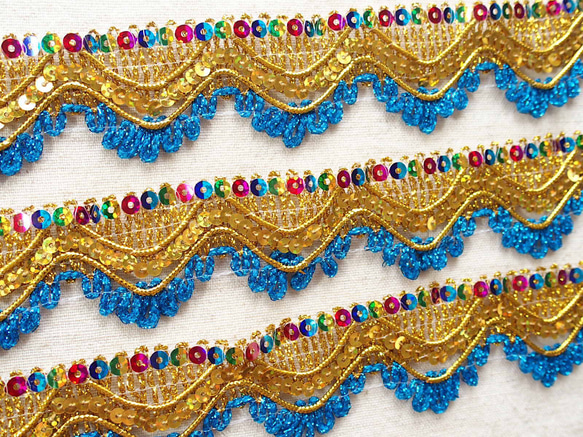 1mゴールドブレード 波型 スパンコールブルー☆ 手芸 クラフト 民族