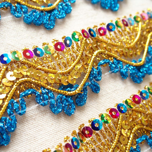 1mゴールドブレード 波型 スパンコールブルー☆ 手芸 クラフト 民族