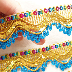 1mゴールドブレード 波型 スパンコールブルー☆ 手芸 クラフト 民族衣装 タッセル フリンジ 6枚目の画像