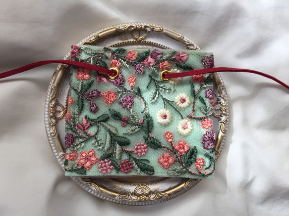 インド刺繍 リボン ポニーフック ラップリボン リボンラップ 花柄×ミントグリーン 2枚目の画像