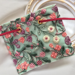 インド刺繍 リボン ポニーフック ラップリボン リボンラップ 花柄×ミントグリーン 1枚目の画像