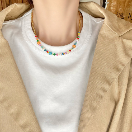 天然石×ビーズネックレス（カラフル×ゴールド） ネックレス