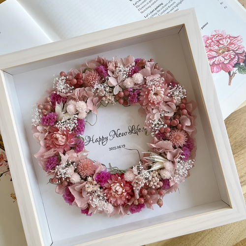 名入れ可｜ドライフラワーフォトフレームリース＊ピンク フォト