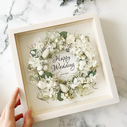 【クリアフレーム】フラワーフォトフレーム☆命名書☆ドライフラワー 名入れ可｜ドライフラワーフォトフレームリース＊ホワイト フォト