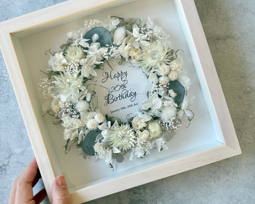 名入れ可｜ドライフラワーフォトフレームリース＊ホワイト フォト