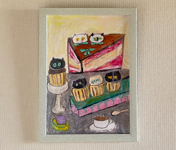 絵画。壁掛け原画【Cute cat cake】0 2-