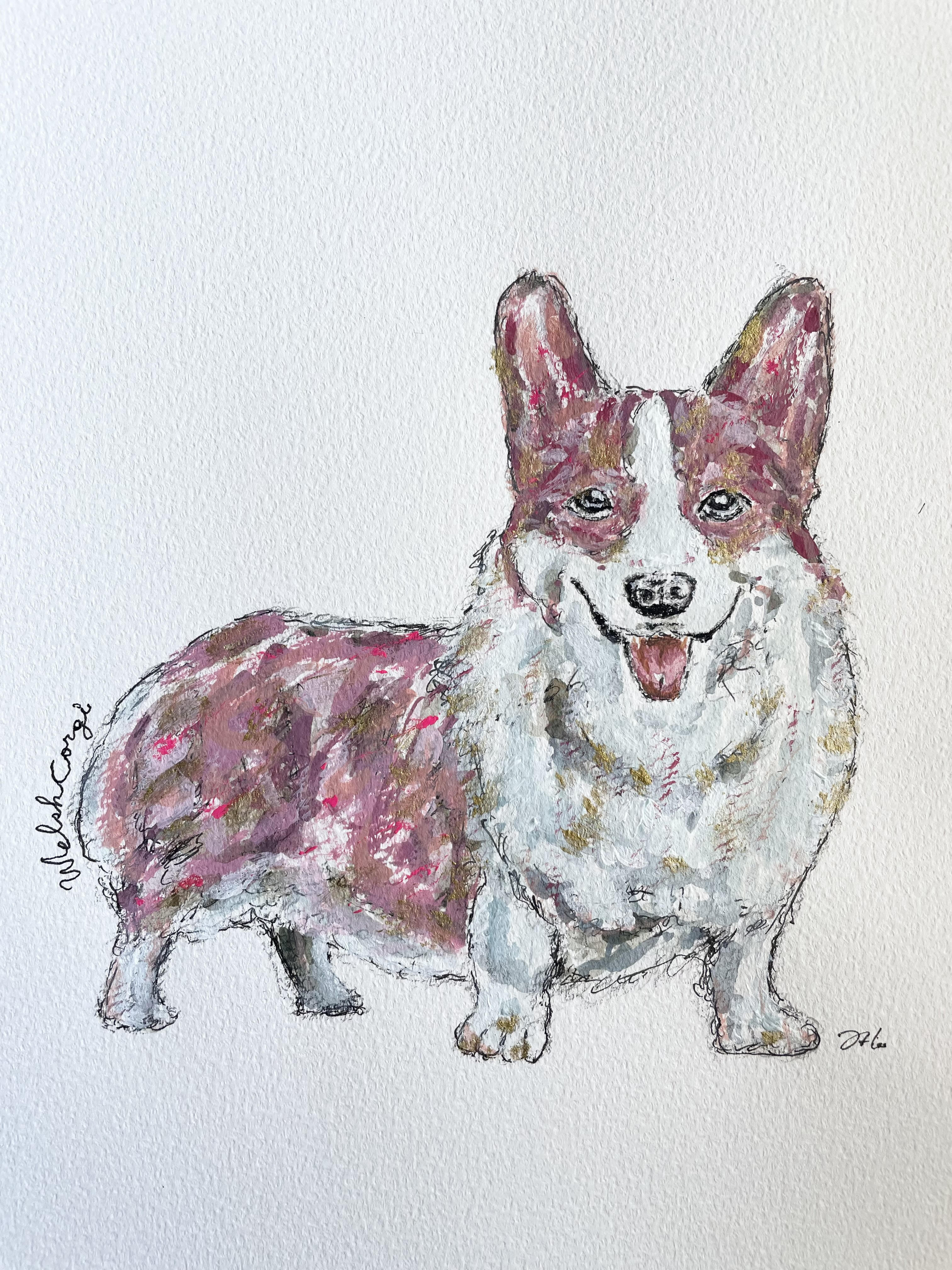 原画】Welsh Corgi 犬イラストアート A4 アクリル画／鉛筆画