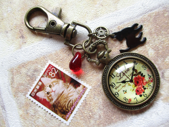 ◇2705 ⏱黒猫と懐中時計　アンティークバッグチャーム ※１点物 2枚目の画像
