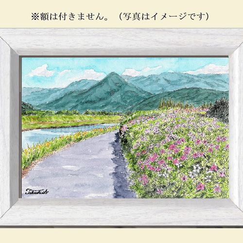 原画一点物 「ツツジの花が咲く春の遊歩道」 <ペンスケッチ+ 原画一点物 「ツツジの花が咲く春の遊歩道」 <ペンスケッチ+