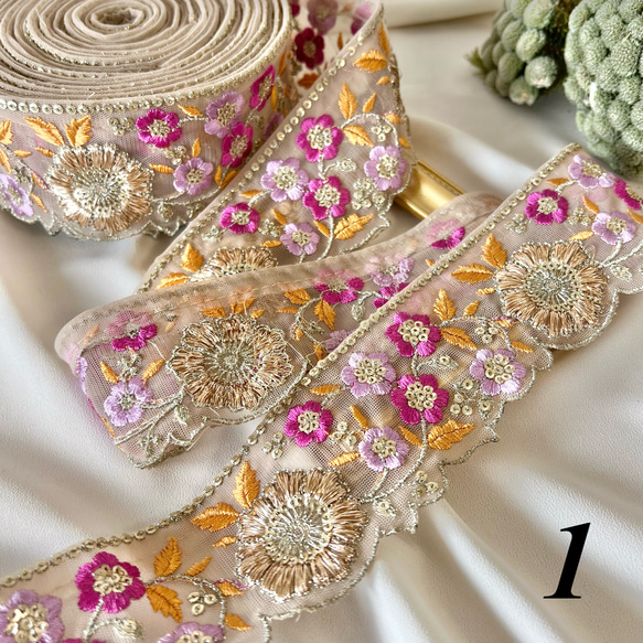 50cm  インド刺繍リボン  チュール  花柄 3枚目の画像
