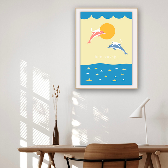 グラフィックデザイン・アートポスター bon voyage / 猫 ネコ イルカ 海 太陽 ファンタジー ポップイラスト 3枚目の画像