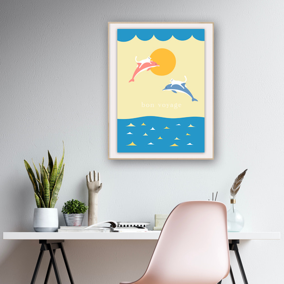 グラフィックデザイン・アートポスター bon voyage / 猫 ネコ イルカ 海 太陽 ファンタジー ポップイラスト 5枚目の画像