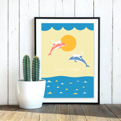 グラフィックデザイン・アートポスター bon voyage / 猫 ネコ イルカ 海 太陽 ファンタジー ポップイラスト 1枚目の画像