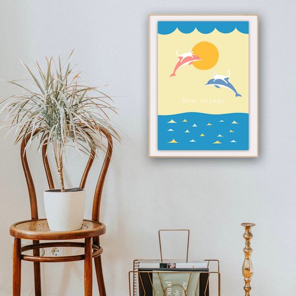 グラフィックデザイン・アートポスター bon voyage / 猫 ネコ イルカ 海 太陽 ファンタジー ポップイラスト 4枚目の画像