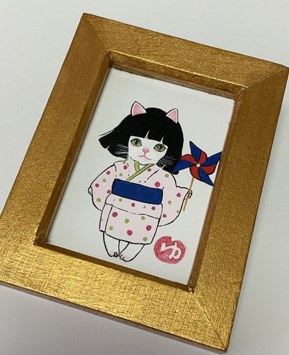 手描きキャラクターイラスト額装 手描き「座敷わらしちゃん（かざぐるま）」／ミニ額 絵画 猫心～にゃん