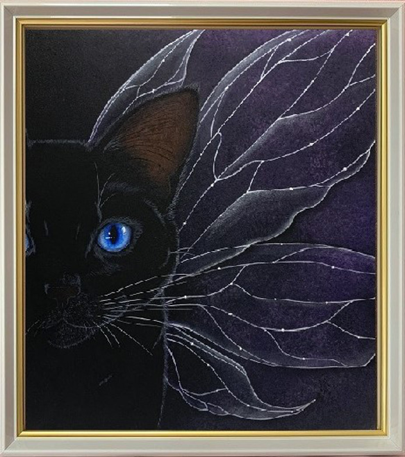 F10【夜、黒猫が星を抱いて願い事をする】 絵画。原画☆キャンバス