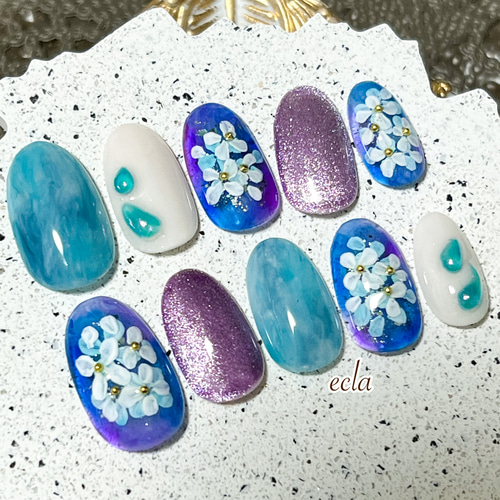 097］紫陽花/梅雨/花/水滴/ニュアンス/マグネット/紫陽花ネイル/梅雨  